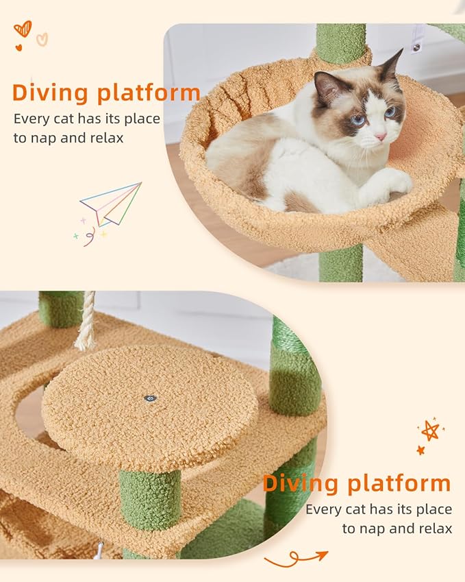 Taoqimiao Cat Tree, 71-Inch Cat Tree Cat Tower for Indoor Cats, Plush Multi-Level Cat Condo with 10 Scratching Posts, 2 Perches,Basket, 2 Caves,Hammock, 2 Pompoms,MS020T Cactus-Mewly Pet