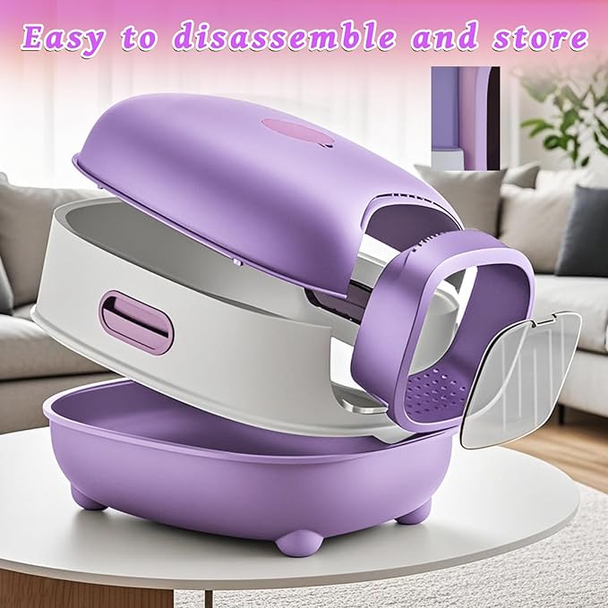 Large Cat Litter Box with Cat Litter Scoop, Foldable Litter Box with Lid, Front Entry and Exit Leak-Proof Litter Cat Box, Odor Control, Easy to Clean (Purple)-Mewly Pet