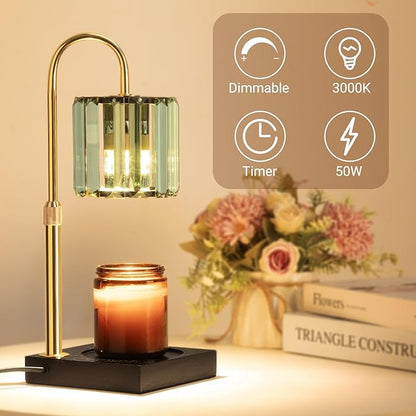 Candle Warmer Lamp with Timer, Dimmable Candle Wamer Adjustable Height, Glass Modern Candle Melter Lamp, Elegant Home Decor, Green, Gifts for Women Mom