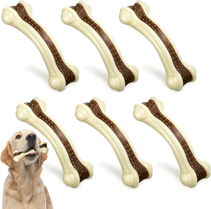 Sosation 6 Pcs Dog Toys for Aggressive Chewers Nylon Beef Flavor Bones Tough Puppy Teething Toys Puppy Chew Bones for Large Medium Small Breed Dogs Puppies Pets Chew Toys(Medium)-Mewly Pet