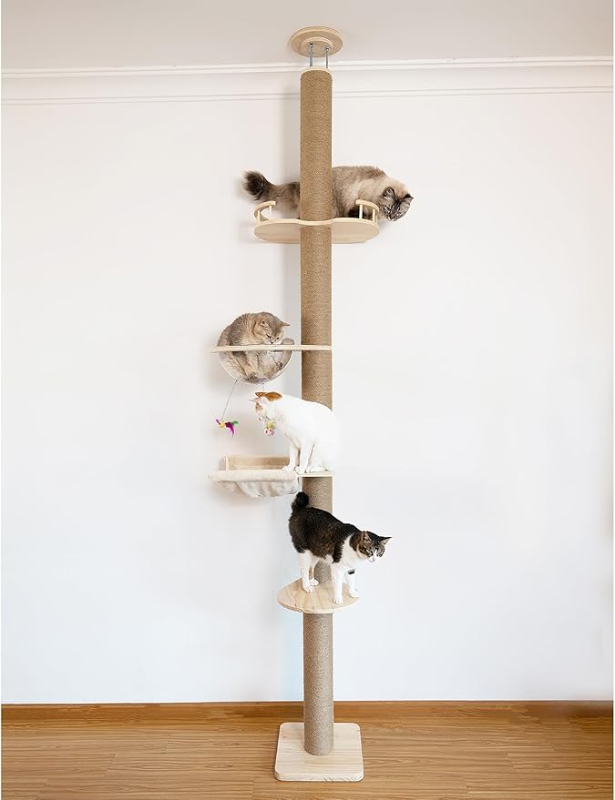 Floor-to-Ceiling Cat Tree with Natural Sisal Rope Scratching Post - Adjustable Height (55-119 Inches) - Modern Cat Activity Tree, Cat Scratcher Post-Mewly Pet