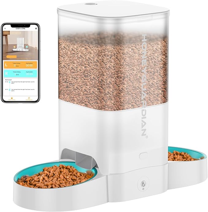 HoneyGuaridan 5L Automatic Cat Feeder for Two Cats, 2.4G WiFi Enabled Smart Feed Pet Feeder with Slow Feeder Bowl,APP Control Dispenser, Dual Power Supply,Desiccant Bag,10s Meal Call White-Mewly Pet