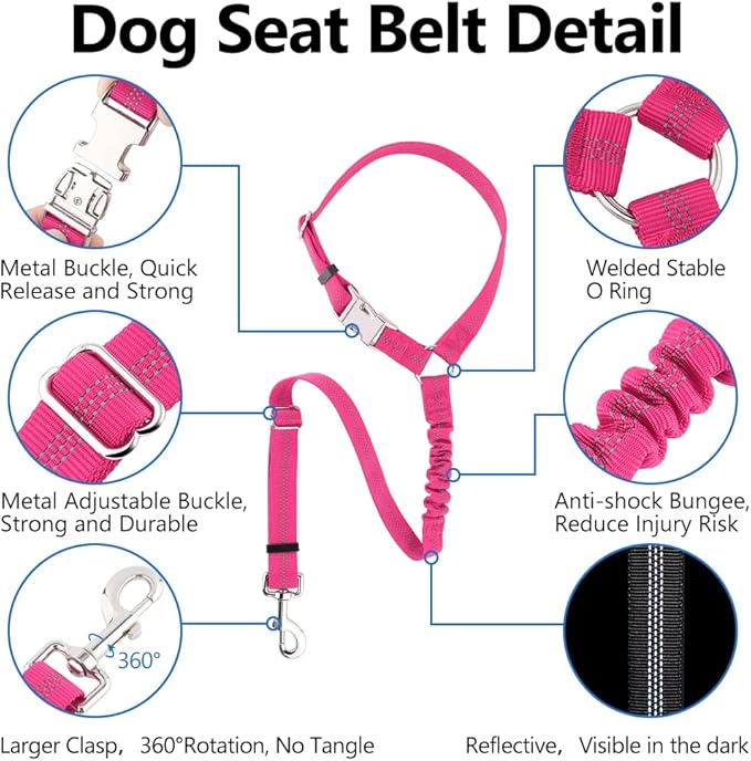 Plutus Pet Dog Seat Belt for Car Headrest, Reflective and Adjustable Restraint with Elastic Bungee for Safety, Vehicle Seatbelt Harness for Small Medium Large Dogs and Cats-Mewly Pet