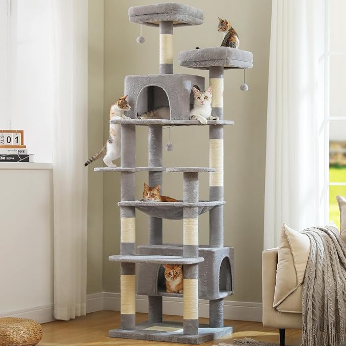 PAWZ Road Heavy Duty Cat Tree for Large Cats, 81 Inches Tall Cat Tower with 2 Perches, 2 Condos and Spacious Hammock, XL Extra Large Condo with 7 Scratching Posts for 20lb+ Adult Cats,Gray-Mewly Pet