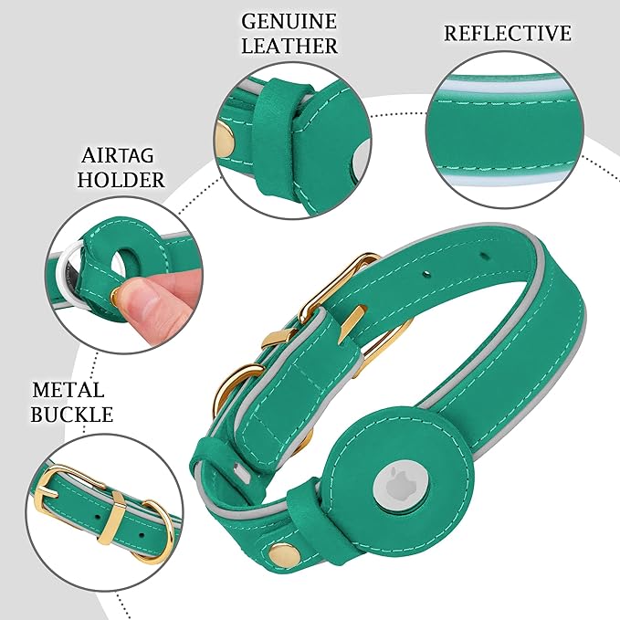 OOPSDOGGY Reflective Geniune Leather Airtag Dog Collar Soft Padded Collars for Small Medium Large Breed Dogs Puppy, 4 Sizes, 7 Colors (Teal, Large, 15"-19")-Mewly Pet