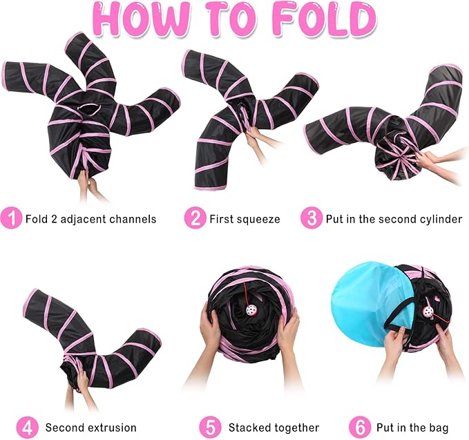 Poen 21 Pcs Cat Tunnel for Indoor Set Collapsible 5 Way Tubes with 20 Pcs Cat Kitten Toys Interactive Feather Toy Mouse Crinkle Balls Tube for Puppy Kitten Rabbit(Pink Black)-Mewly Pet
