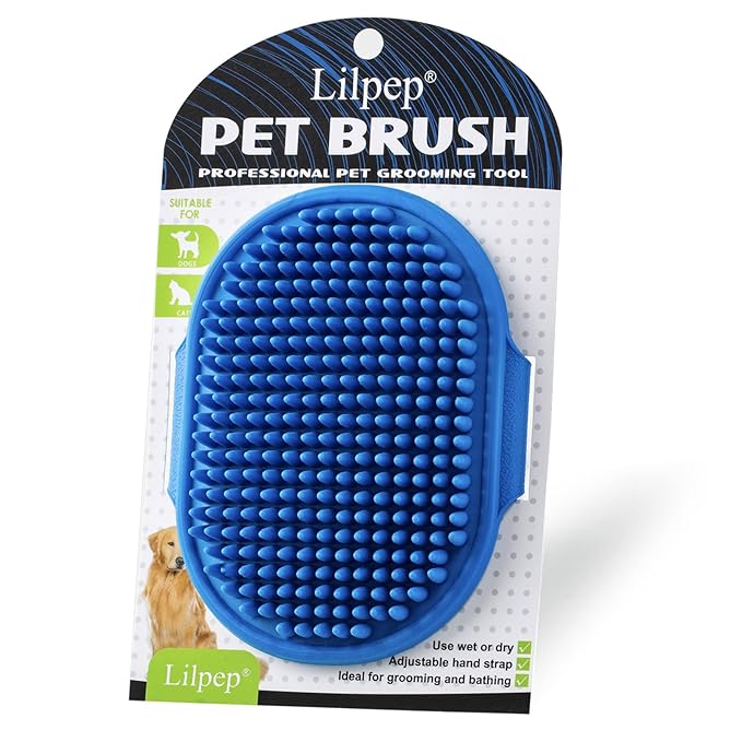 Dog Grooming Brush, Lilpep Pet Shampoo Bath Brush Soothing Massage Rubber Comb with Adjustable Ring Handle for Long Short Haired Dogs and Cats (Blue, pack of 1)-Mewly Pet