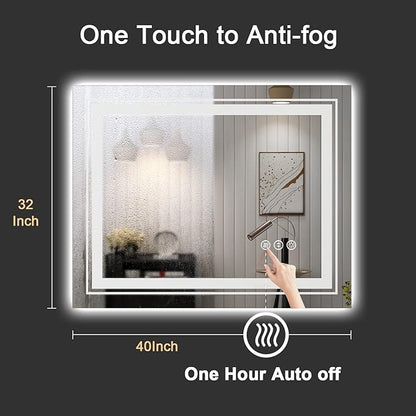 LED Bathroom Mirror, 40"x32" with Front and Backlit, Anti-Fog, Bathroom Vanity Mirror for Wall, Memory Function, Stepless Dimmable, Tempered Glass (Horizontal/Vertical)