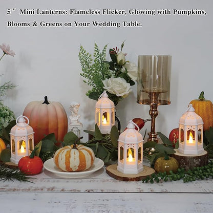 LLQ 8 Pcs Mini Lantern Decor Moroccan Lantern with Flickering LED Candle Table Centerpiece Small Vintage Wedding Hanging Lamp Ornaments Bulk for Wedding Halloween Christmas Party (5 Inch,White)