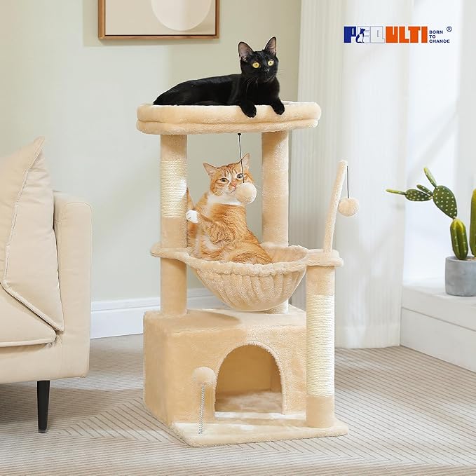 PEQULTI 4-in-1 Cat Tree, 33'' Cat Tower for Indoor Cats with Large Cat Condo, Scratching Post for Cats with Deep Hammock& Cozy Top Perch, Beige-Mewly Pet
