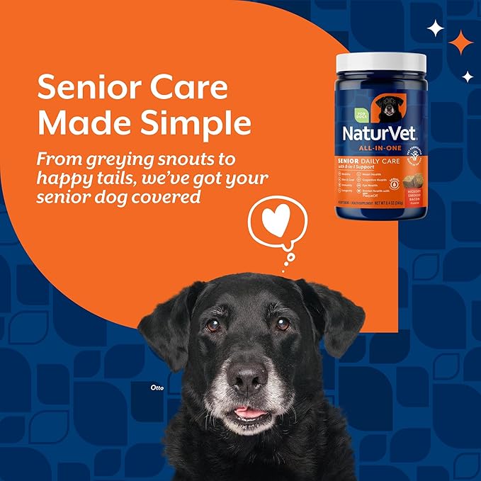 NaturVet All-in-One Senior Dog Daily Care Supplement, 8-in-1 Support Dog Soft Chews for Mobility, Skin, Heart, Teeth, Cognition, Eyes, Hickory Smoked Bacon Flavored Pet Supplement for Dogs, 60 Count-Mewly Pet