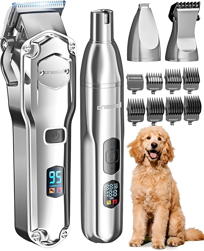 oneisall Dog Clippers for Grooming Thick/Heavy Coats, 4-in-1 Dog Grooming Kit Low Noise with Stainless Steel Blade, Cordless Dogs Paw Trimmer Pet Nail Grinder for Small & Large Dogs Cats Animals-Mewly Pet