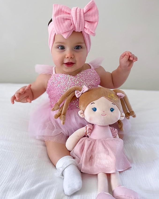 Soft Baby Doll Toys (16''), My First Baby Rag Doll for 1 Year-Old Girl Birthday Gift, Christmas Plush Toys Gift for Toddler Kids Infants-Princess-Coral
