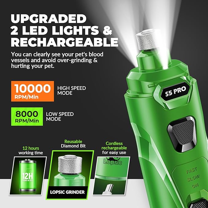 Dog Nail Grinder with 2 LED Lights Powerful 2 Speeds Super Quiet Dog Nail Trimmers with 3 Grinding Wheels Rechargeable Pet Dog Nail Clippers for Large Medium Puppy Dogs Dog Nail File Cat Nail Clipper-Mewly Pet