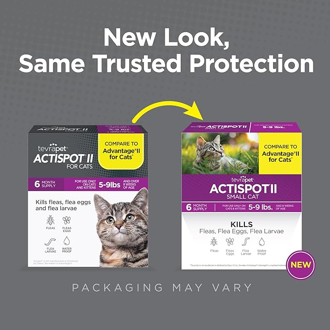 TevraPet Actispot II Flea Treatment for Small and Medium Cats 5-9 lbs | 6 Doses | Powerful Prevention and Control, Clear-Mewly Pet