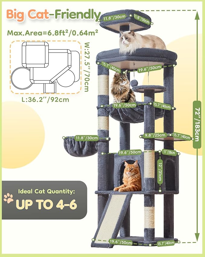 Taoqimiao 72 Inches Cat Tree for Large Cats, Multi-Level Tall Cat Tower, Widened Cat Condo with Large Scratch Board, 5 Scratching Posts, Metal Hammcock, Cozy Basket, Smoky Gray, MS045G-Mewly Pet