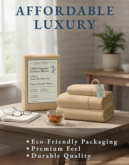 LANE LINEN Twin XL Sheets Set, 100% Mercerized Organic Cotton Twin XL Bed Sheets Set with sily Touch Finish, Soft and Comfy Fully Elasticized Percale Weave Low Pilling XL Twin Sheets Set -Linen