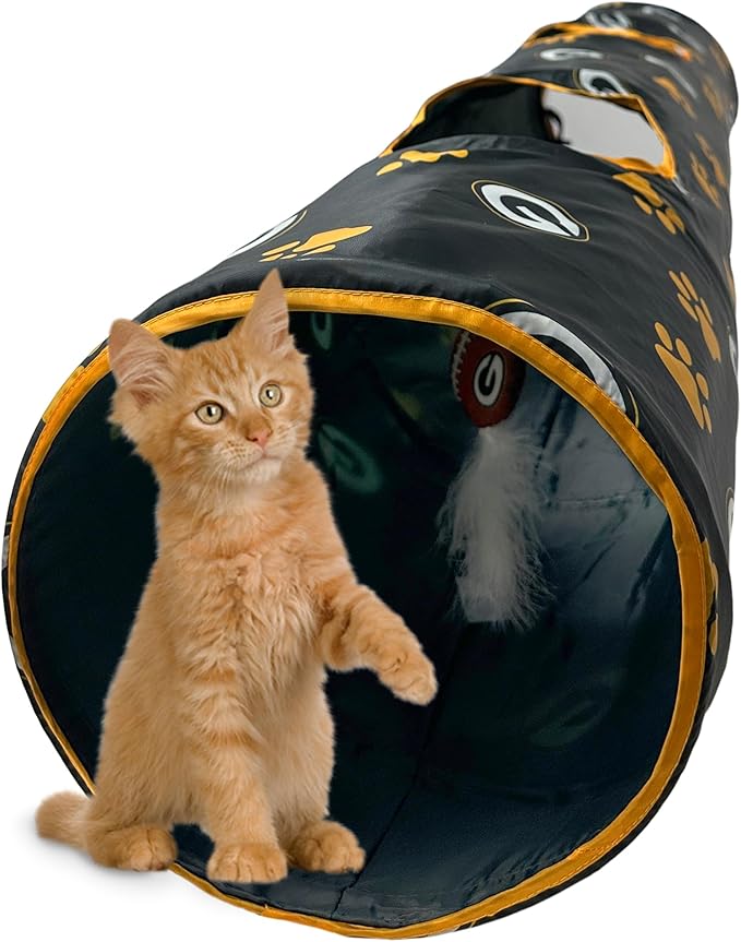 NFL Green Bay Packers Cat Tunnel Tube Toy with Plush Football Catnip and Feathers Collapsible Tunnel for Cats to Play, Peek and Hide, Sporty & Fun Cat Tunnel Toy with Team Logo All-Over Design!-Mewly Pet