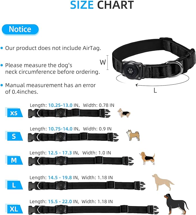 Upgraded AirTag Dog Collar, IP68 Waterproof Air Tag Dog Collar Holder, Reflective, Ultra-Durable, Comfortable Padded, Heavy Duty Dog Collars for Small Medium Large Dogs (XL (15.6"-22"), Black)-Mewly Pet