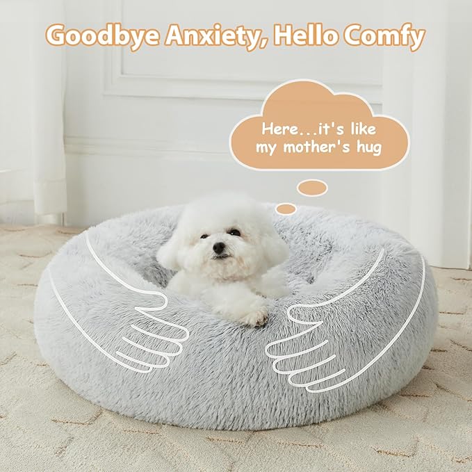 WNPETHOME Calming Dog Bed Cat Bed Donut, Faux Fur Pet Bed Self-Warming Donut Cuddler, Comfortable Round Plush Dog Beds(20 x 20 x 8 Inch, Light Grey)-Mewly Pet