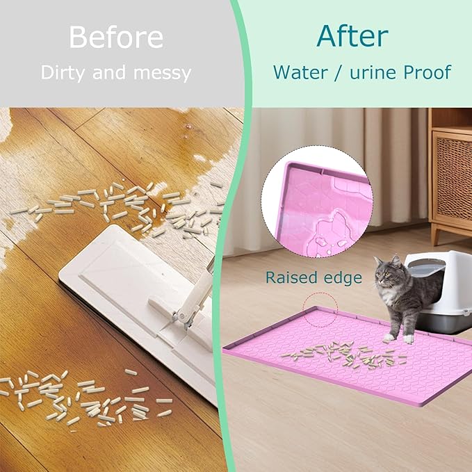 Cat Litter Mat, Silicone Large Cat Mat for Litter Box - 34x22 in, Waterproof & Non-Slip, Durable & Easy Clean, Pink-Mewly Pet