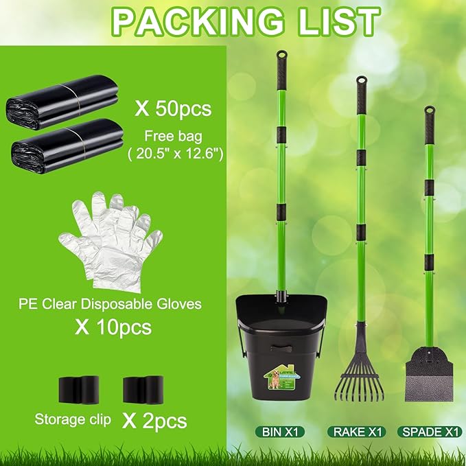 LANNEY Pooper Scooper - 38" Long Adjustable Metal Handle Dog Pooper Scooper Swivel Bin & Rake & Spade with 50 Bags Attachment, Portable Heavy Duty Dog Poop Scooper for Yard Dogs Large Medium Small-Mewly Pet