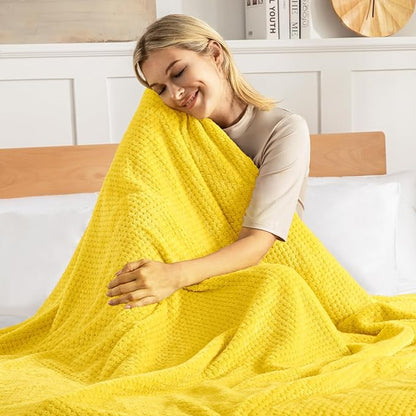 Exclusivo Mezcla Fleece Throw Blanket Extra Large, Super Soft and Warm Blankets for Couch, Sofa and Bed Waffle Textured, Cozy, Fuzzy and Lightweight (Vibrant Yellow, 50x70 Inches)
