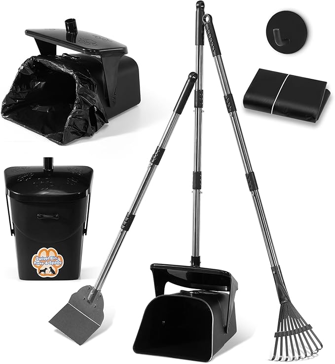 Stainless Steel Dog Pooper Scooper,40" Long Handle Swivel Bin, Rake and Spade,20 Waste Bags & Hook - Heavy Duty Portable Metal Poop Scooper for Large,Medium and Small Dogs-Mewly Pet