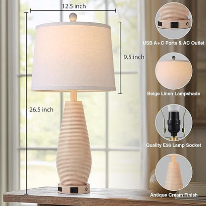Farmhouse Table Lamps Set of 2 with USB C+A Ports and AC Outlet, 3 Way Touch Rustic Bedside Lamps for Living Room, 26.5" Cream Vintage Lamps for Bedroom Nightstand