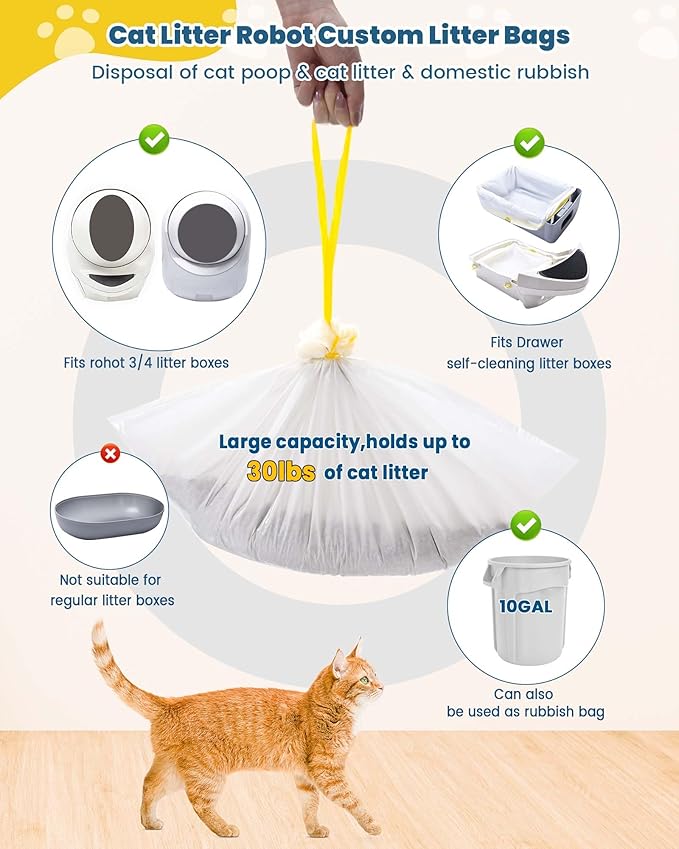 KONE Cat Litter Bags for Robot 3/4, 2 mil Thickened Drawstring Waste Drawer Liners Compatible with Most Self-cleaning Automatic Boxes - 57 Count Pet Kitten Poop Disposable Replacement Bag, 5-9 Gal-Mewly Pet