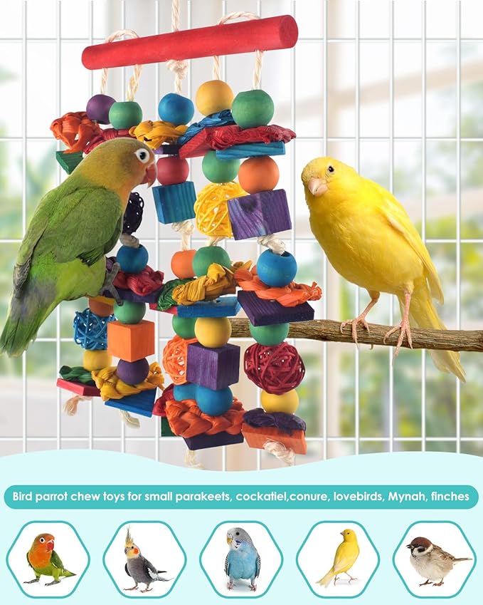 Bird Toys, 2PCS Parrot Foraging Hanging Toy, Multicolored Natural Wooden Blocks Parakeet Chewing Toys mit Rattan Wicker Balls, for Medium Small Cockatoos Budgie Lovebird Cockatiel Conure-Mewly Pet