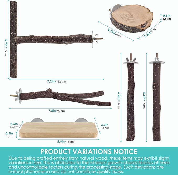 Bird Perches, 6 Pcs Natural Wood Parrot Perch Stand Chew Toys, Hanging Multi-Branch Parrot Perch Platform Swing Toy Cage Accessories for Small Parakeets, Budgies, Lovebirds, Canaries, Finches-Mewly Pet