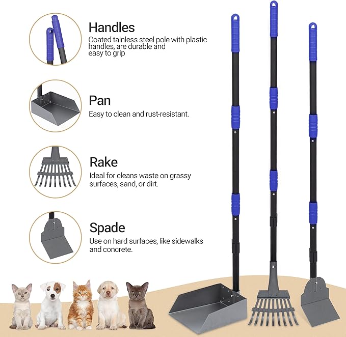 Heeyoo Dog Pooper Scooper, Dog Poop Tray and Rake Set, Pet Waste Removal Scoop with Long Adjustable Sectional Stainless Handles-Mewly Pet