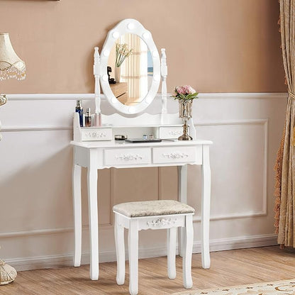 CHARMAID Makeup Vanity Table with 10 LED Lights, 4 Drawers, Storage Shelf, Rose Knob, Bedroom Dressing Makeup Table Vanity Desk with Cushioned Stool for Girls Women (White)