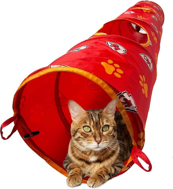 NFL Kansas City Chiefs Cat Tunnel Tube Toy with Plush Football Catnip and Feathers Collapsible Tunnel for Cats to Play, Peek and Hide, Sporty & Fun Cat Tunnel Toy with Team Logo All-Over Design!-Mewly Pet