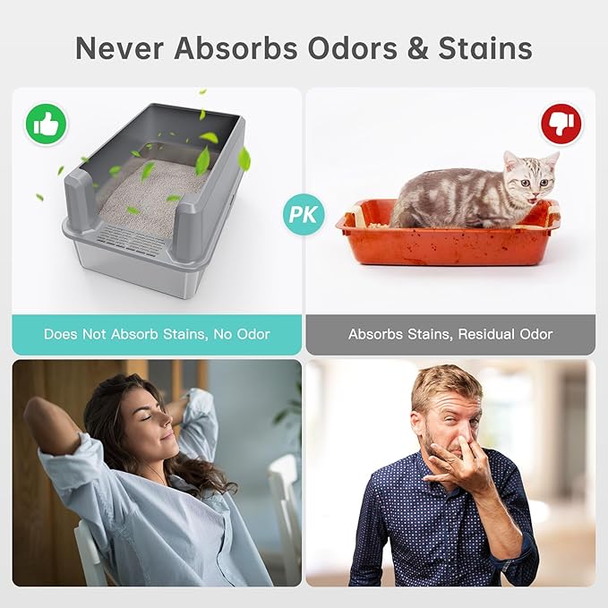 Enclosed Stainless Steel Cat Litter Box with Lid, XL Extra Large Litter Box for Big Cats, Metal Litter Pan High Sided, Never Absorbs Odors, Anti-Urine Leakage, Include Scoop (SH-Light Gray)-Mewly Pet