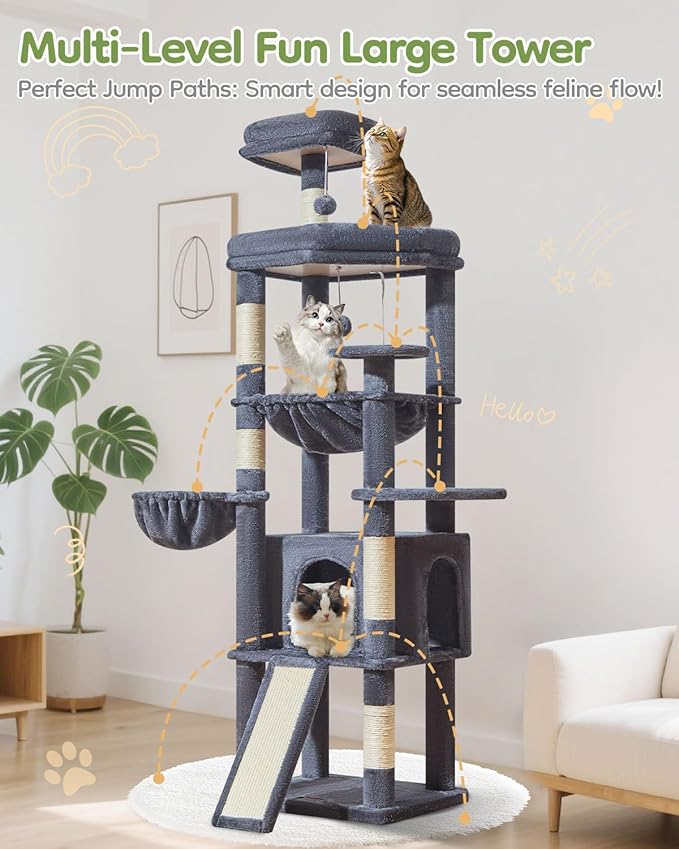 Taoqimiao 72 Inches Cat Tree for Large Cats, Multi-Level Tall Cat Tower, Widened Cat Condo with Large Scratch Board, 5 Scratching Posts, Metal Hammcock, Cozy Basket, Smoky Gray, MS045G-Mewly Pet
