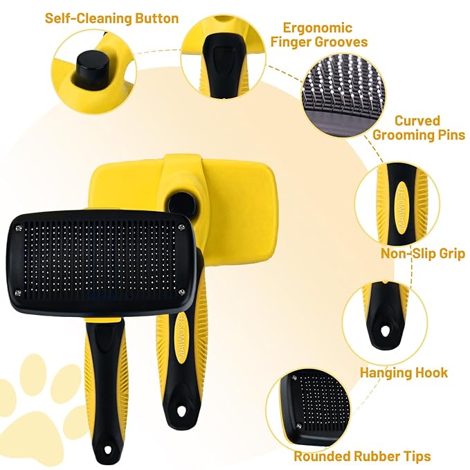Large Self Cleaning Deshedding Brush for Dogs & Cats - One Button Hair Release Grooming Tool, Gentle Massage Brush for Long and Short Hair (Yellow)-Mewly Pet