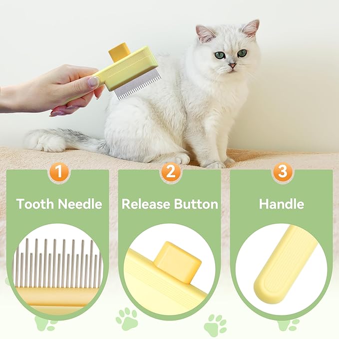 Flea Comb for Cats & Dogs Brush for Shedding Self Cleaning Pet Comb Lice Comb with Long & Short Stainless Steel Teeth Pet Hair Removal Tool 2025-Mewly Pet