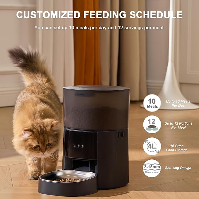 Automatic Cat Feeder WiFi with App Control, Voice Recorder, 4L Dry Pet Food Dispenser for Cats & Dogs with Freshness Preservation, Custom Feeding Times & Portions, Dual Power-Mewly Pet