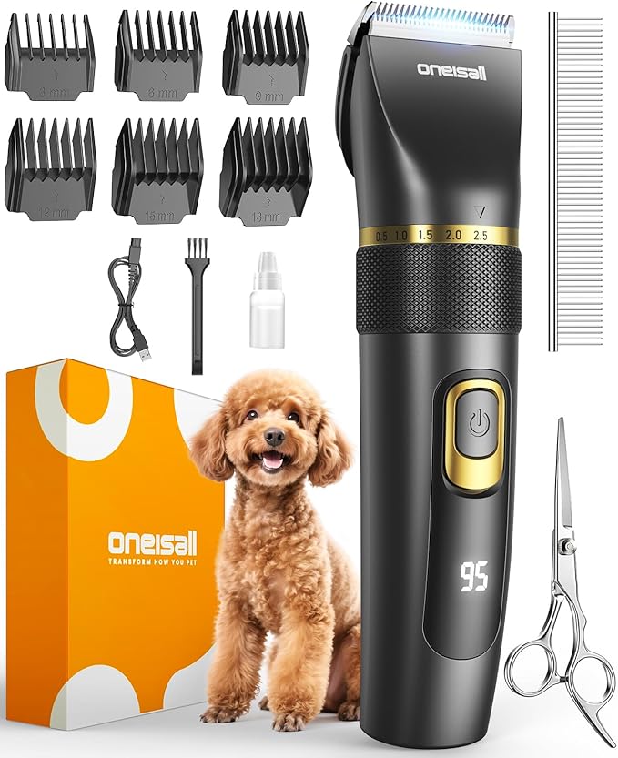 oneisall Dog Clippers Low Noise, Pro Dog Grooming Clippers Kit with Rechargeable Cordless Shaver Trimmer for Dogs Cats, IPX7 Waterproof Pet Clippers Grooming at Home-Mewly Pet