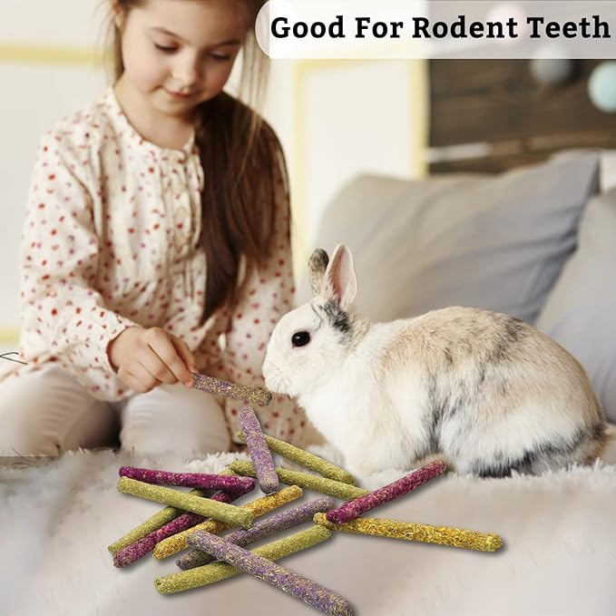Fhiny 68 PCS Rabbit Chew Sticks, Natural Petals Timothy Hay Sticks Guinea Pig Chewing Toys for Teeth Small Animals Molar Snacks for Bunny Guinea Pig Chinchilla Hamster-Mewly Pet