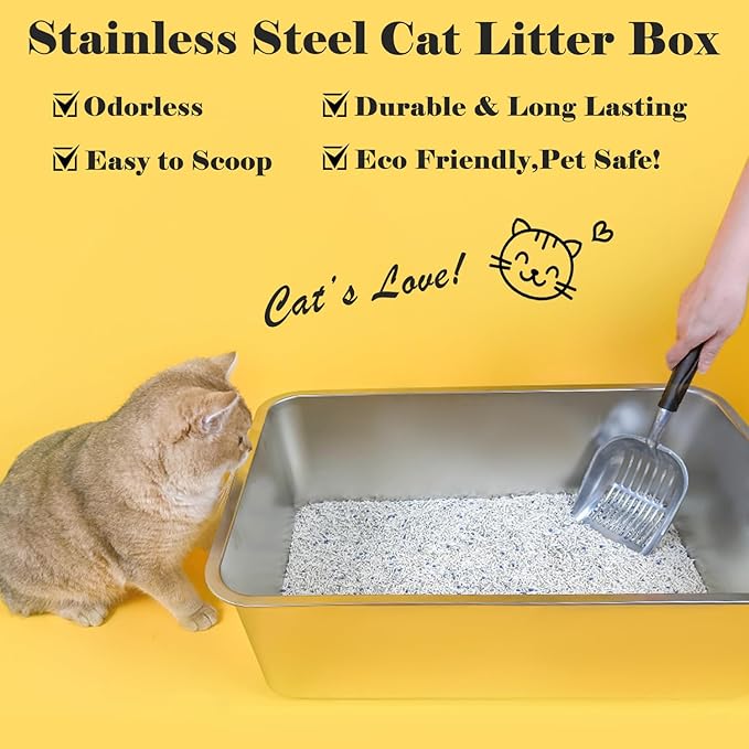 LIHONG Stainless Steel Cat Litter Box,Extra Large Metal Litter Box for Big Cats Kitty Rabbits,No Smell,Non Stick,Easy to Clean(24" Lx16 Wx8 H,XL)-Mewly Pet