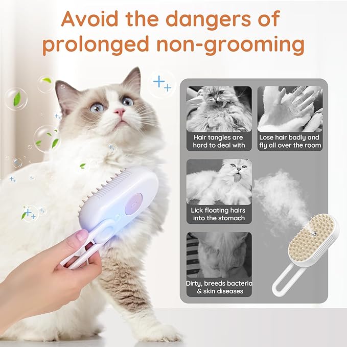 GKZ Cat Steam Brush, 3 in 1 Pet Comb for Massage, Cleaning, Shedding and Combing, Electric Mist to Prevent Flyaways for Home, Dogs and Cat Lovers - White-Mewly Pet
