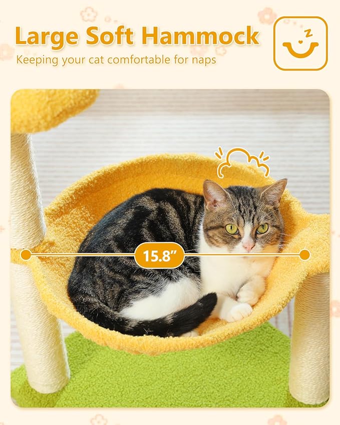28" Flower Cat Tree Cute with Flower Top Perch, Large Hammock for Indoor Small Cats, Small Cat Tower with Cute Scratching Post and Fur Toy Ball for Kittens, Yellow-Mewly Pet
