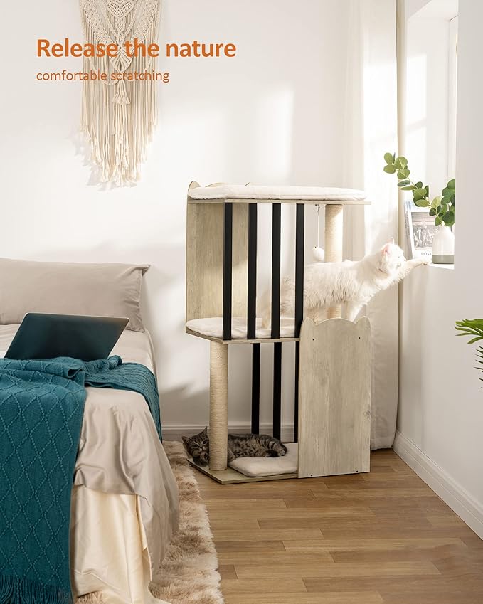 FourFurPets 43.8in 3-Tier Modern Cat Tree Tower Condo, Cat Scratch Posts for Indoor Cats, Big Plate, Two 19.7in Full Sisal Scratching Posts, Greige-Mewly Pet