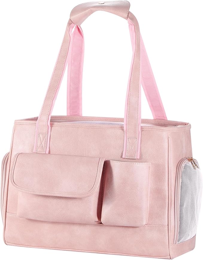 Dog Carrier Purse, Fashion Leather Pet Carrier Bag, Airline Approved Soft Sided Cat Travel Tote Bag with Pockets Pink-Mewly Pet
