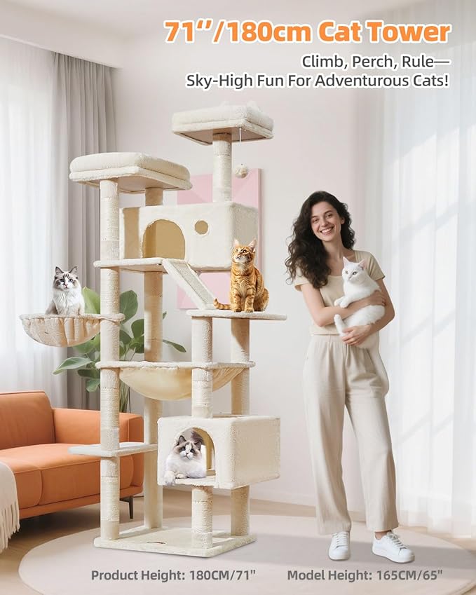 Taoqimiao Cat Tree 71-Inch, Cat Tower for Indoor Cats Large Adult, Multi-Level Large Cat Condo, 8 Sisal Scratching Posts, Metal Frame Cozy Hammock, Scratch Board, 2 Top Perches, Beige MS026LM-Mewly Pet