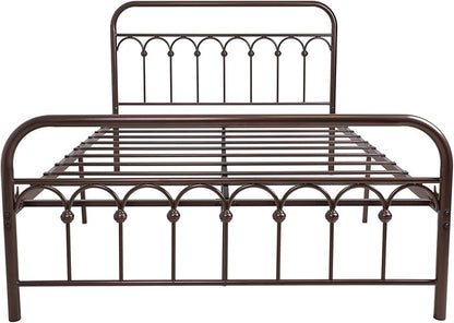 YALAXON Vintage Sturdy Full Size Metal Bed Frame with Headboard and Footboard Basic Bed Frame No Box Spring Needed，Antique Brown