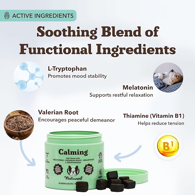 Natural Dog Company Calming Chews for Dogs, Stress & Anxiety Relief Supplement with Chamomile, Valerian Root & Melatonin, Natural Soothing Chews for Travel, Thunder, Fireworks & Separation (90 cnt)-Mewly Pet